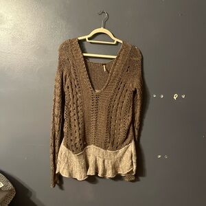 Free People Brown V-Neck Sweater with Cable Knit